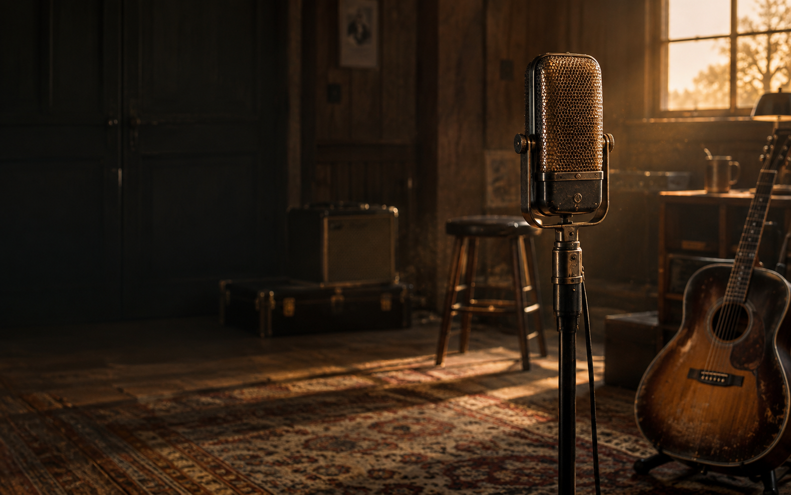 A vintage microphone in a warmly lit Texas recording room